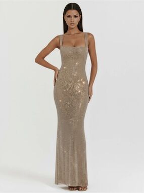 Champagne Sequin Maxi Dress - Elegant Square Neck Gown
